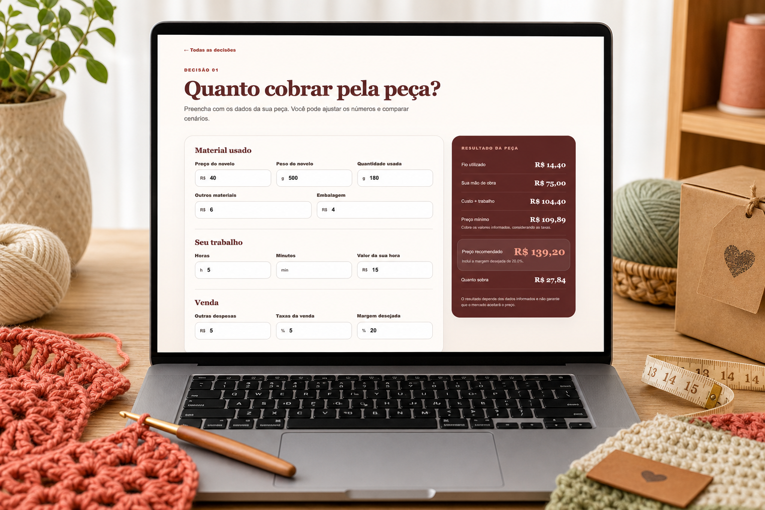 Campos de cálculo e preço recomendado na ferramenta.