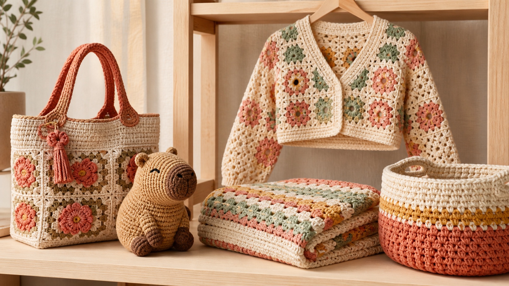 Coleção de bolsas, roupa, manta, cesto e amigurumi feitos em crochê.