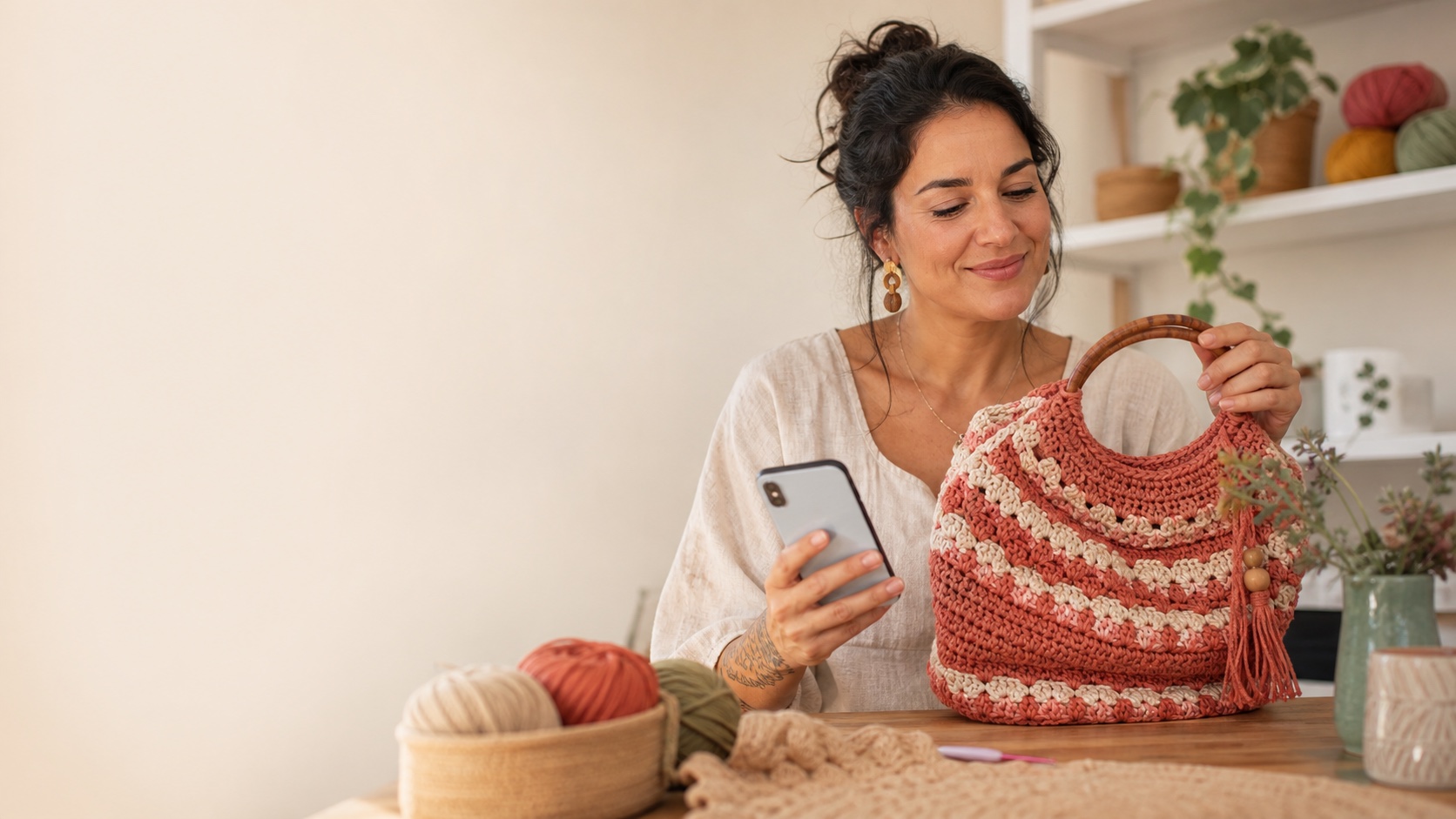 Crocheteira observa uma bolsa artesanal enquanto consulta o celular.